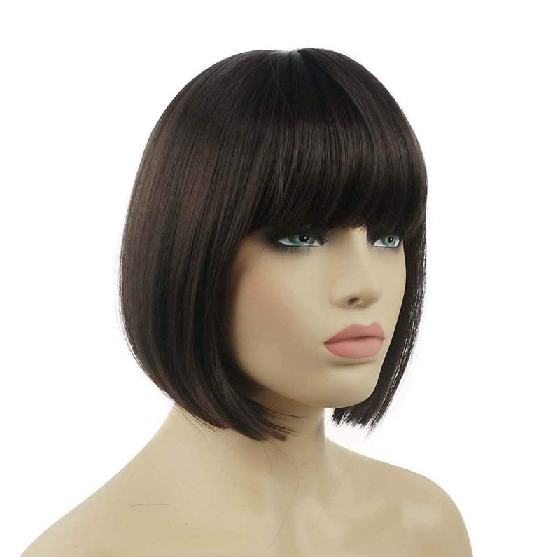 Lydell 8" Straight Short Bob Hair Flat Bangs Cute Central Dot Skin Top Heat Resistant Synthetic Wigs (6 Chestnut Brown) - Image 2